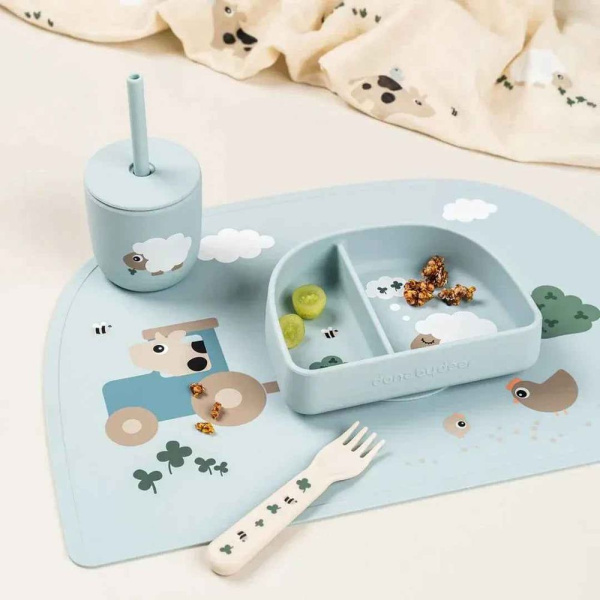 Lot de 2 gobelets à paille en silicone tiny farm bleu Done by deer