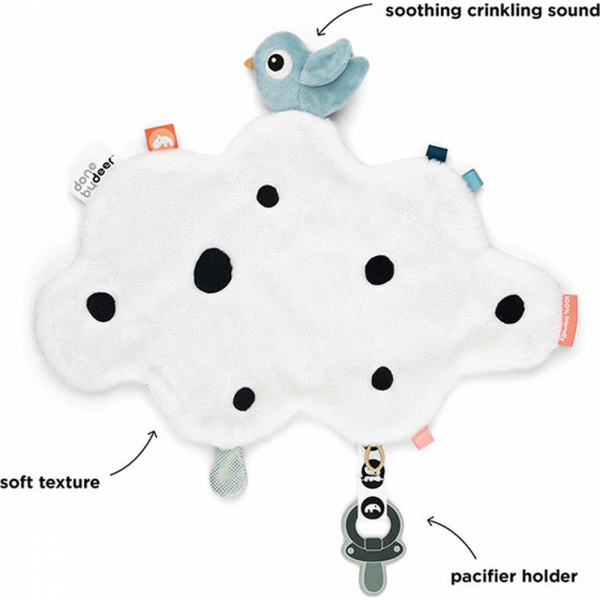 Doudou plat attache-sucette happy clouds bleu Done by deer