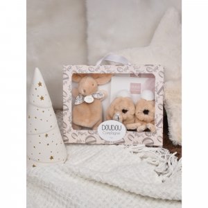 Coffret doudou lapin et chaussons beige Doudou et compagnie