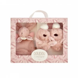 Coffret doudou lapin et chaussons rose Doudou et compagnie
