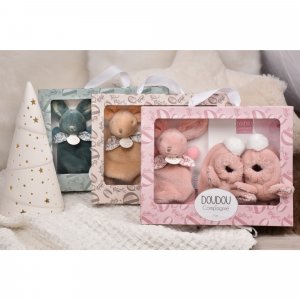 Coffret doudou lapin et chaussons vert sauge Doudou et compagnie