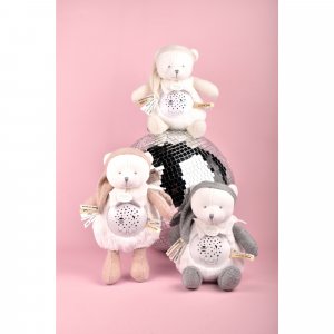 Veilleuse peluche musicale à projection d'étoiles ours rose Doudou et compagnie