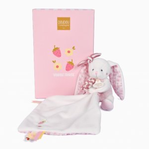 Peluche pantin lapin avec doudou 10 cm vanille fraise Doudou et compagnie