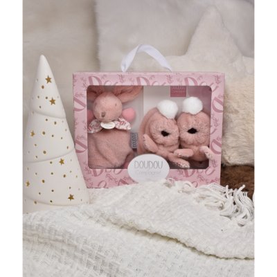 Coffret doudou lapin et chaussons rose