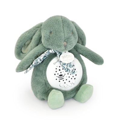 Veilleuse musicale projection d'étoiles lapin doudou vert sauge