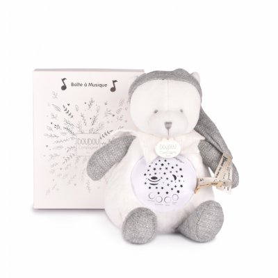 Veilleuse peluche musicale à projection d'étoiles ours gris