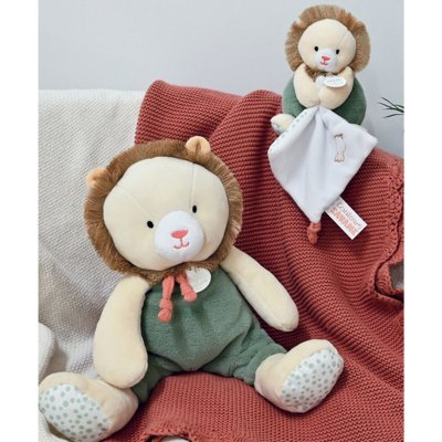 Peluche avec doudou mouchoir couleurs savane lion