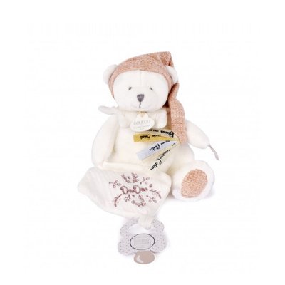Doudou pantin attache sucette ours 20 cm rose