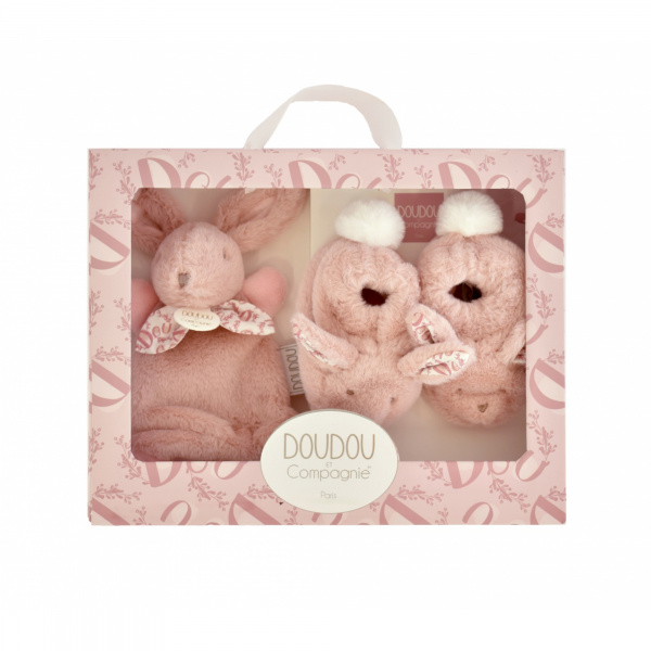 Coffret doudou lapin et chaussons rose Doudou et compagnie