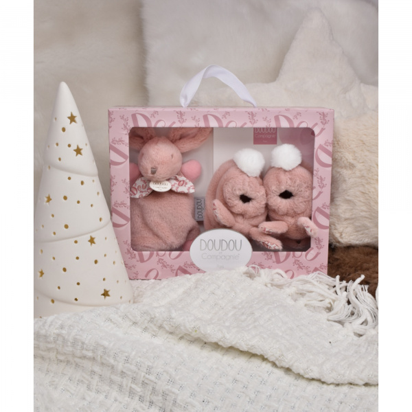 Coffret doudou lapin et chaussons rose Doudou et compagnie