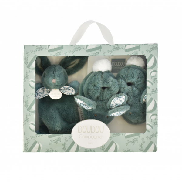 Coffret doudou lapin et chaussons vert sauge Doudou et compagnie