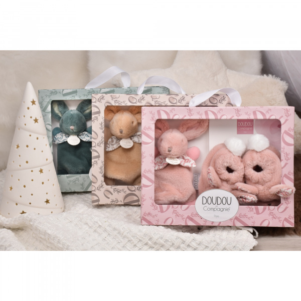 Coffret doudou lapin et chaussons vert sauge Doudou et compagnie