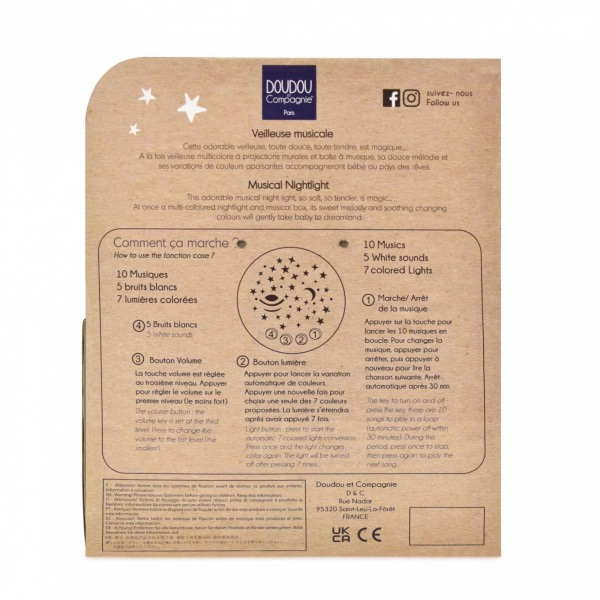 Veilleuse musicale projection d'étoiles lapin doudou ocre Doudou et compagnie