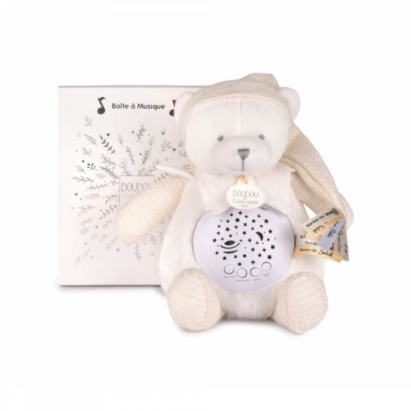 Veilleuse peluche musicale à projection d'étoiles ours blanc Doudou et compagnie