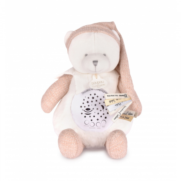 Veilleuse peluche musicale à projection d'étoiles ours rose Doudou et compagnie