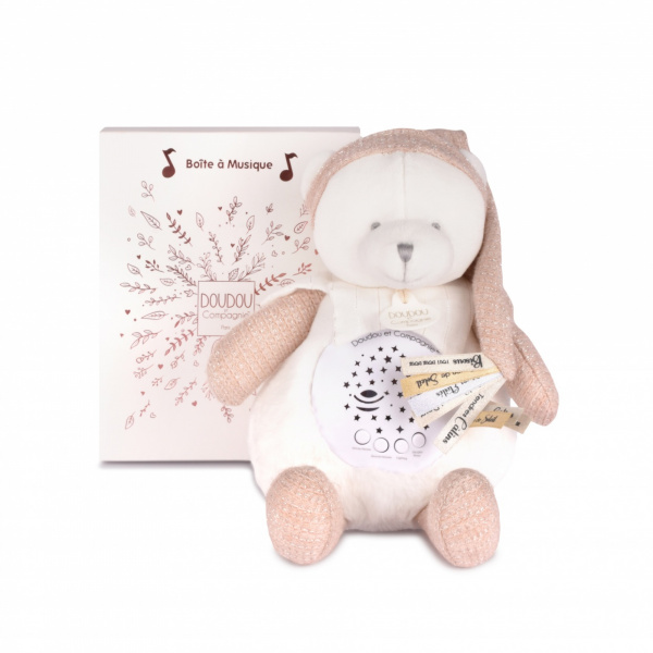 Veilleuse peluche musicale à projection d'étoiles ours rose Doudou et compagnie