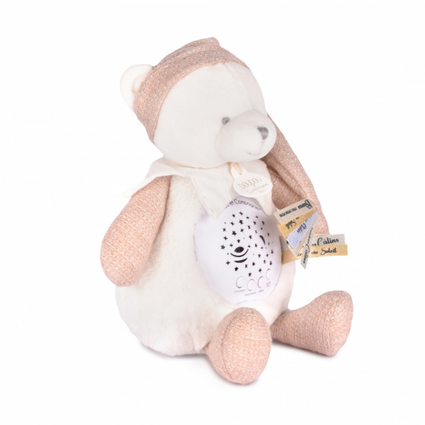 Veilleuse peluche musicale à projection d'étoiles ours rose Doudou et compagnie