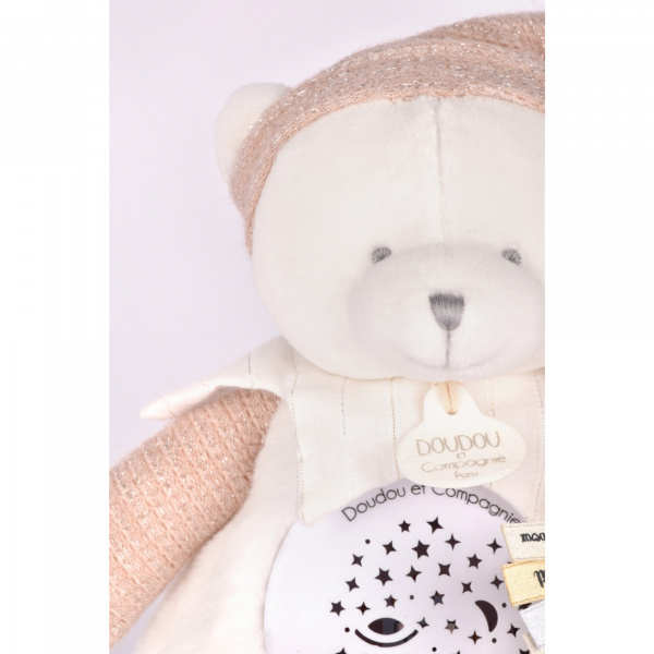 Veilleuse peluche musicale à projection d'étoiles ours rose Doudou et compagnie