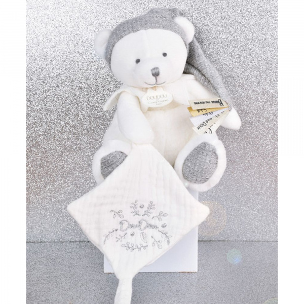 Doudou pantin attache sucette ours 20 cm argent Doudou et compagnie