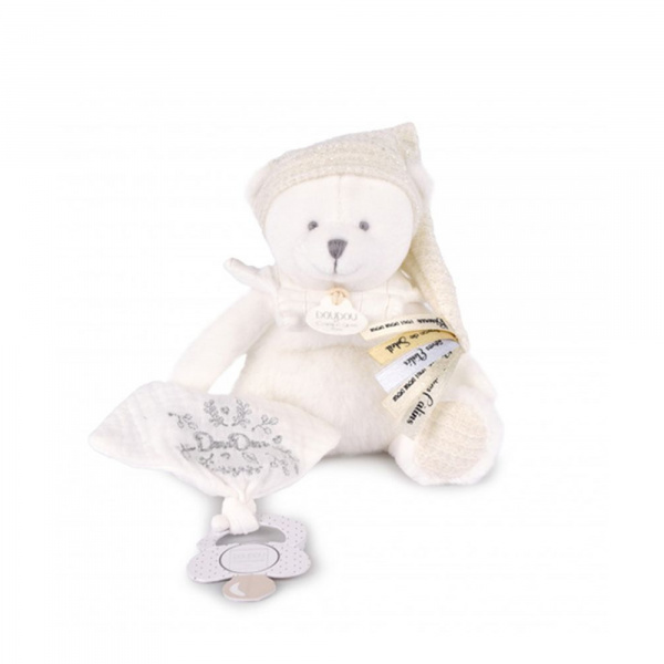 Doudou pantin attache sucette ours 20 cm blanc Doudou et compagnie