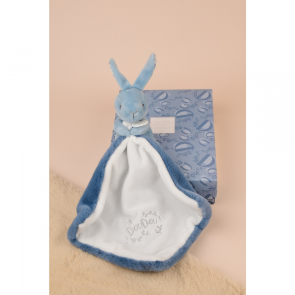 Doudou lapin mouchoir 10 cm bleu Doudou et compagnie