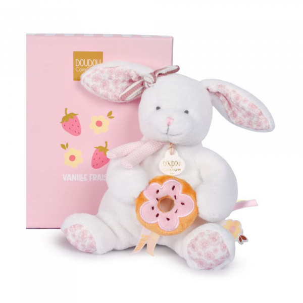 Doudou pantin lapin avec donut 20 cm vanille fraise Doudou et compagnie