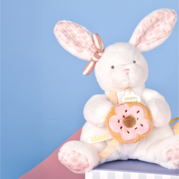 Doudou pantin lapin avec donut 20 cm vanille fraise Doudou et compagnie