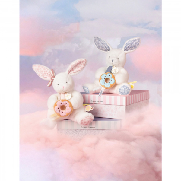 Doudou pantin lapin avec donut 20 cm vanille fraise Doudou et compagnie