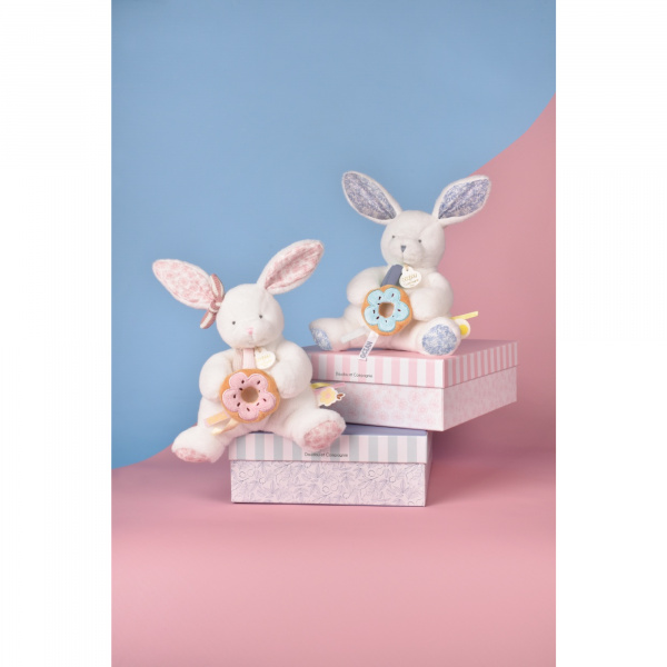 Doudou pantin lapin avec donut 20 cm vanille fraise Doudou et compagnie