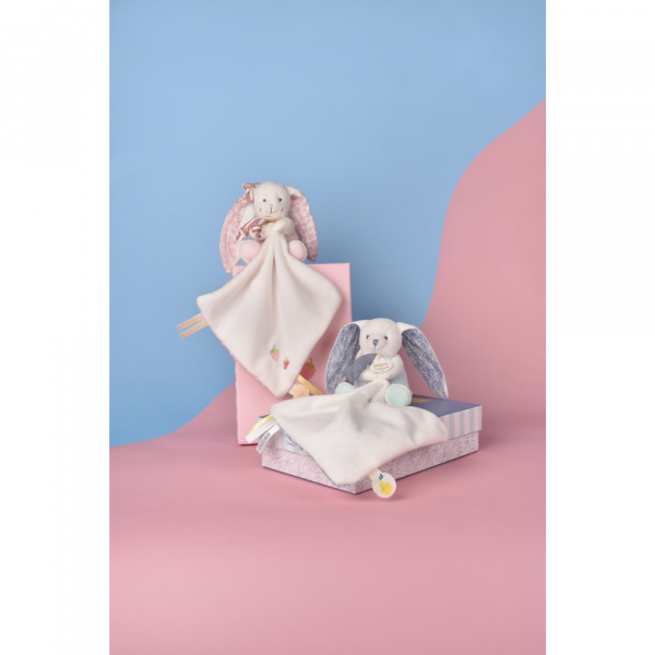 Peluche pantin lapin avec doudou 10 cm vanille fraise Doudou et compagnie