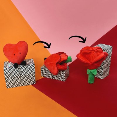 Peluche réversible flipetz coeur et fleur rouge coquelicot