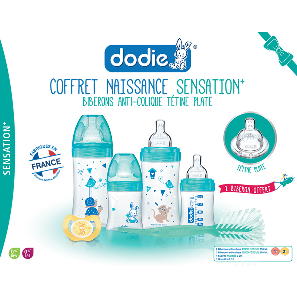 Coffret naissance 4 biberons sensation+ +1goupillon +1sucette lagoon de Dodie sur allobébé