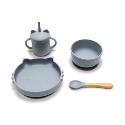 Set repas 4 pièces assiette, bol, tasse et cuillère gris