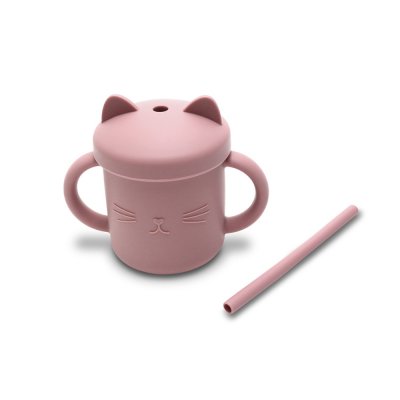 Tasse silicone avec poignée et paille rose