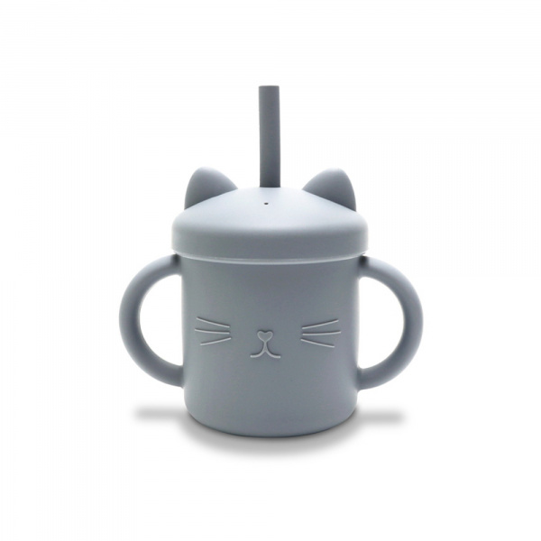 Tasse silicone avec poignée et paille gris Lorelli