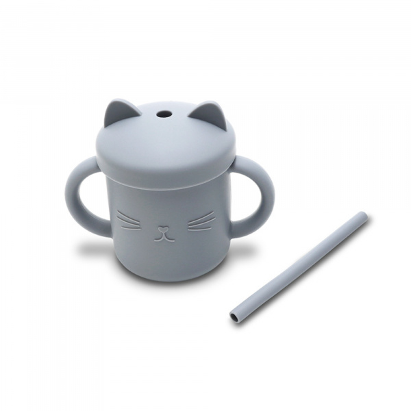 Tasse silicone avec poignée et paille gris Lorelli