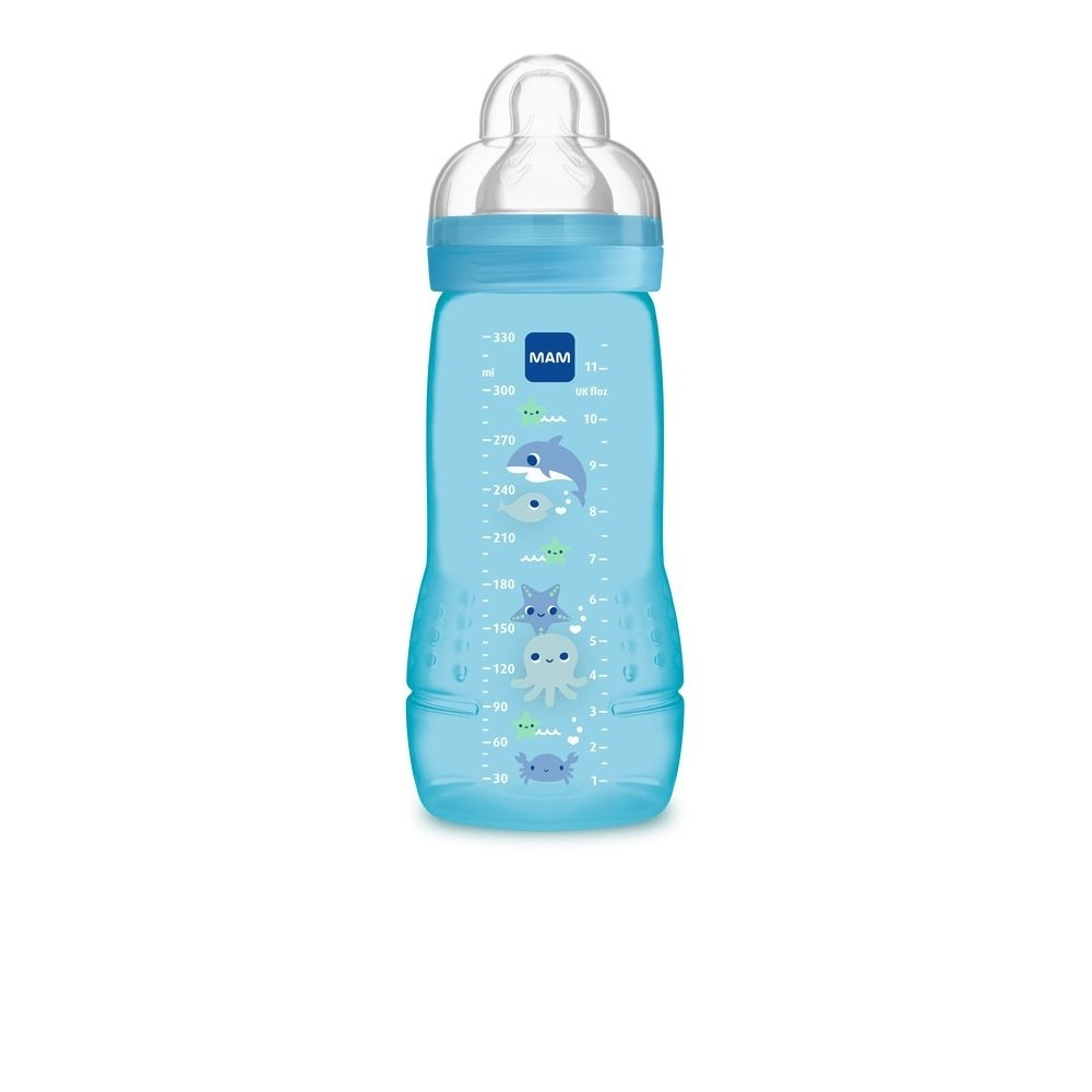 MAM Biberon Easy Active 6 mois + 330 ml Bleu - Tétine Débit X MAM