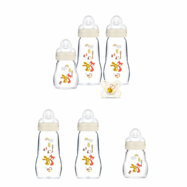 Coffret biberons verre lin (4*260ml 2*170ml et une sucette naissance) Mam