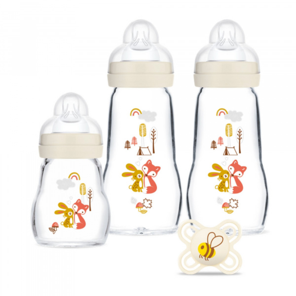 Coffret biberons verre lin (4*260ml 2*170ml et une sucette naissance) Mam