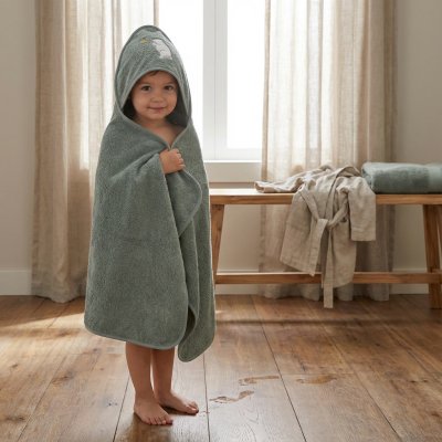 Serviette de bain enfant à capuche 75x75 cm, ours vert