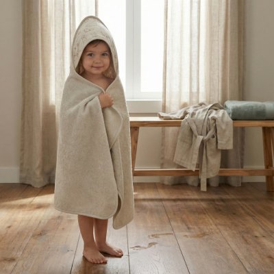 Serviette de bain enfant à capuche 75x75 cm, chien beige
