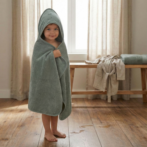 Serviette de bain enfant à capuche 75x75 cm, vert baleine Fillikid