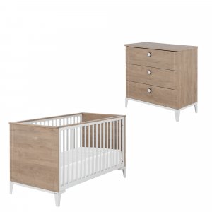 Chambre duo lit bébé évolutif 70x140 cm + commode marcel blanc Galipette