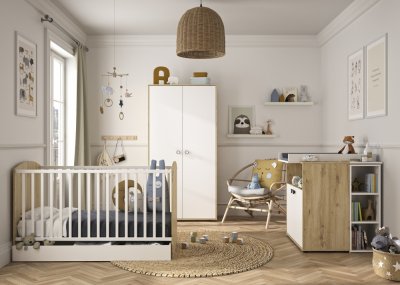 Chambre bébé trio lit bébé 60x120 + commode+armoire nova blanc lin de  Sauthon meubles sur allobébé