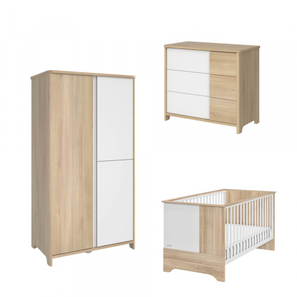 Chambre trio lit bébé évolutif 70x140 cm + commode + armoire sacha chêne Galipette