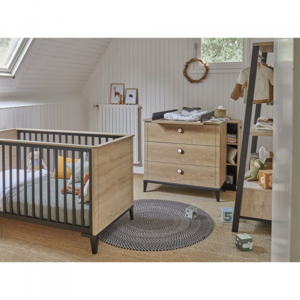 Chambre duo lit bébé évolutif 70x140 cm + commode marcel noir Galipette