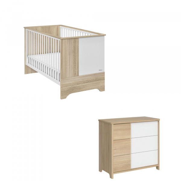 Chambre duo lit bébé évolutif 70x140 cm + commode sacha chêne Galipette