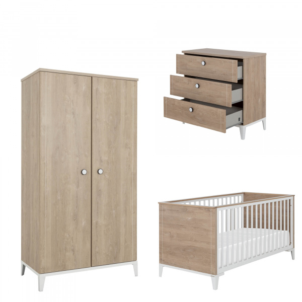 Chambre trio lit bébé évolutif 70x140 cm + commode + armoire 2 portes marcel pieds blancs Galipette