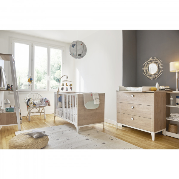Chambre trio lit bébé évolutif 70x140 cm + commode + armoire 2 portes marcel pieds blancs Galipette