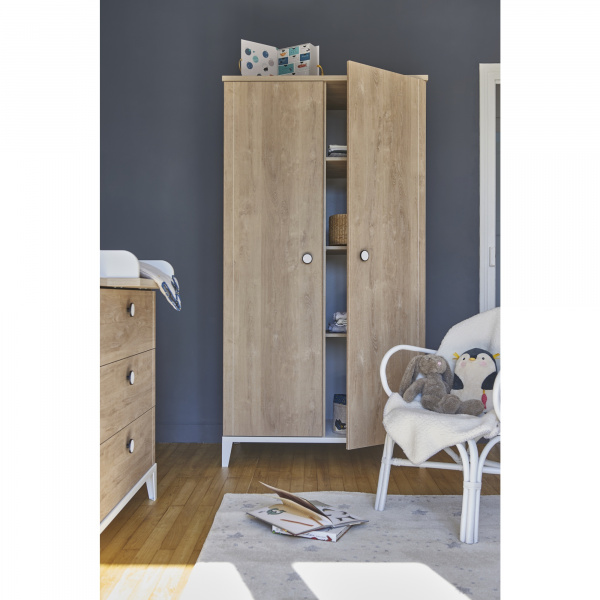 Chambre trio lit bébé évolutif 70x140 cm + commode + armoire 2 portes marcel pieds blancs Galipette